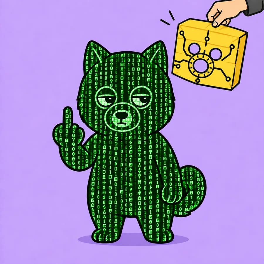 The shiba underneath is made of green cipher text and is not impressed