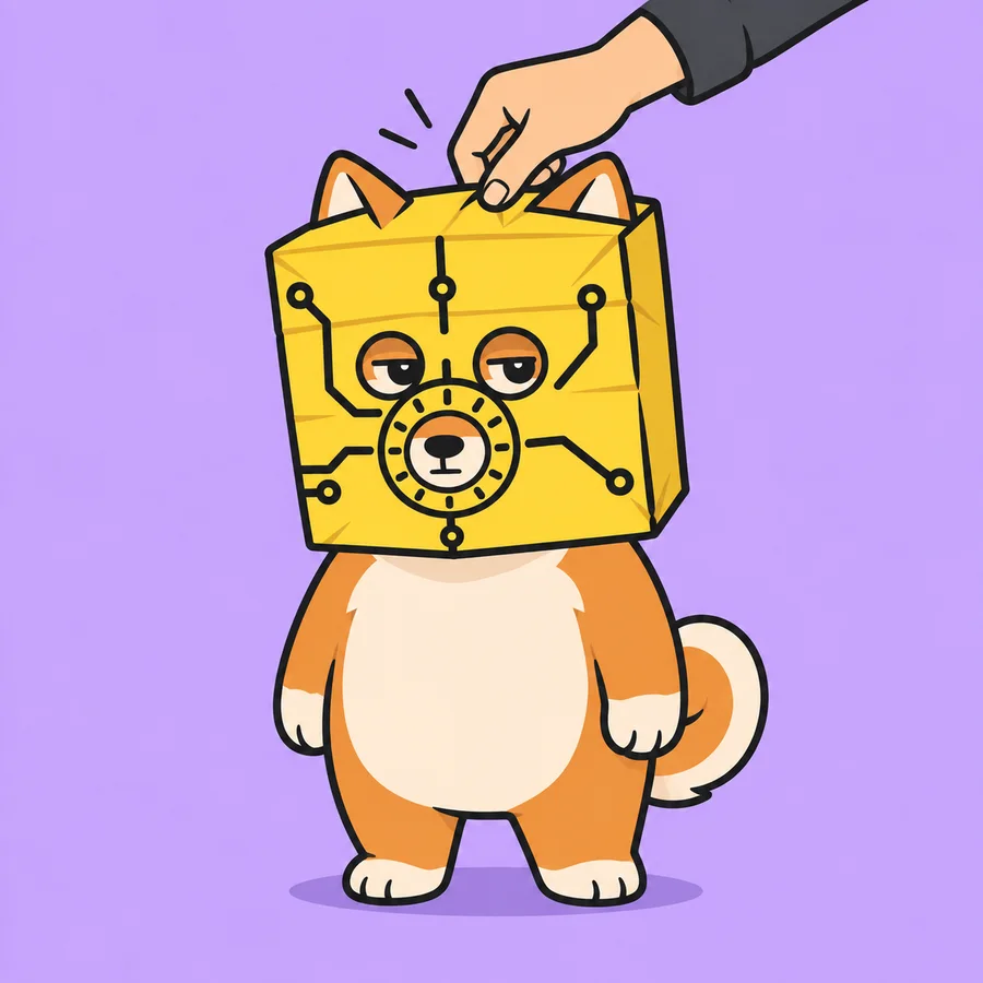 A hand lifting the yellow box off a shiba